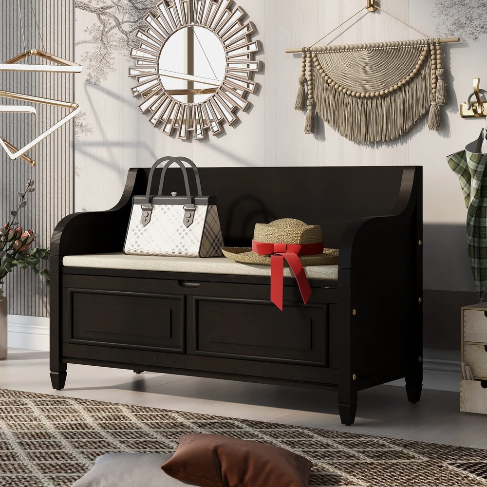 P PURLOVE 42 Inch Rustic Style Storage Bench with Safety Hinge,Solid Wood Entryway Multifunctional Storage Bench Shoe Bench with Removable Cushion for Living Room,Bedroom