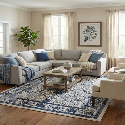 Rugs.com - Miranda Collection Rug 7' 10 x 11' Ivory and Blue Area Rug Stain-Resistant Traditional Floral Carpet for Living Room, Bedroom, and Large Dining Spaces