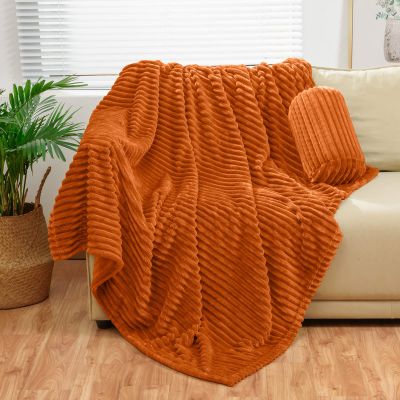 Bnuitland Burnt Orange Flannel Throw (50X70 inches) with Storage Pouch,300GSM Super Soft Fleece Stripe Pattern Sofa Blanket for Adults and Kids, Lightweight Cozy Bed Throw for Home Decor All Season