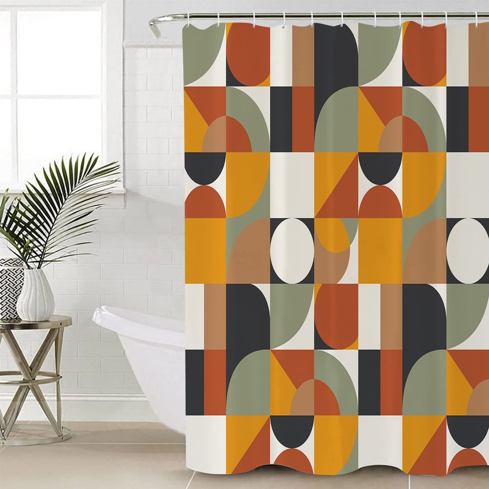 Fabric Shower Curtain 36x78 Inch, Mid Century Orange Brown Sage Green Abstract Retro Geometric Modern Shower Curtain for Bathroom Bathtubs,Waterproof Bath Curtain Sets Decorative Bathroom Accessories