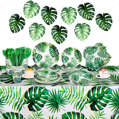 Rtteri 171 Pcs Hawaiian Luau Party Supplies Tropical Palm Leaves Tableware 24 Disposable Dinnerware Set with Plate Napkins Tablecloth for Summer Pool Beach Cocktail Birthday Party