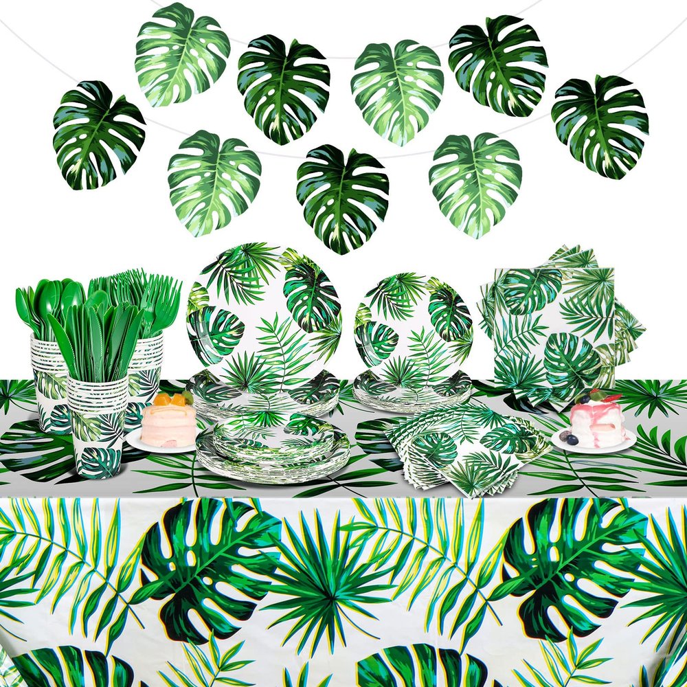 Rtteri 171 Pcs Hawaiian Luau Party Supplies Tropical Palm Leaves Tableware 24 Disposable Dinnerware Set with Plate Napkins Tablecloth for Summer Pool Beach Cocktail Birthday Party
