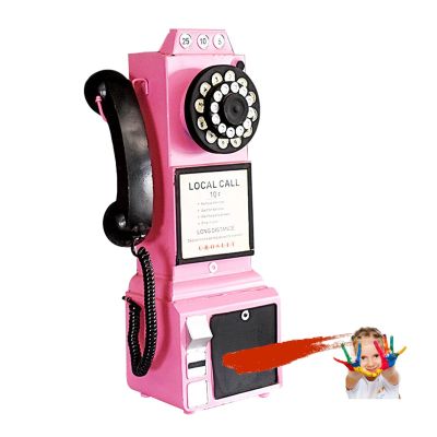 15x19x50cm Decorative Telephones, Vintage Simulation Telephone Model, Iron Telephone Booth Accessories, Wall Decoration, Can Be Hung/Desk Placed, Painted Digital Buttons (Color : Pink)