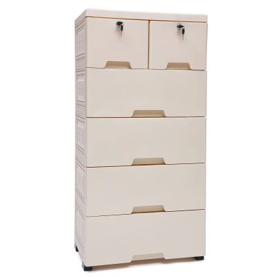 Beige Plastic Storage Cabinet with 6 Drawers and Lock, Wheels, and Large Capacity - Ideal for Small Spaces, Easy to Assemble and Clean - Perfect for Bedroom, Nursery, and Playroom Organization
