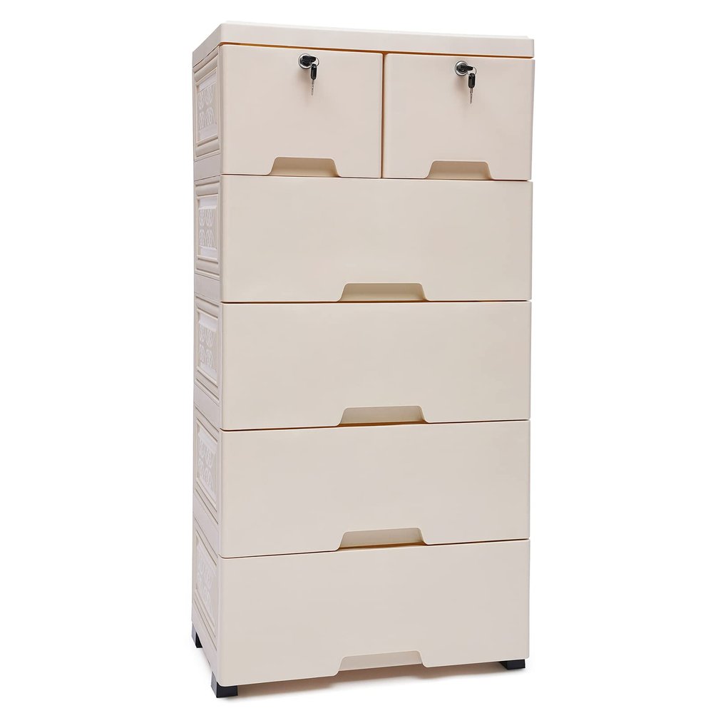 Beige Plastic Storage Cabinet with 6 Drawers and Lock, Wheels, and Large Capacity - Ideal for Small Spaces, Easy to Assemble and Clean - Perfect for Bedroom, Nursery, and Playroom Organization
