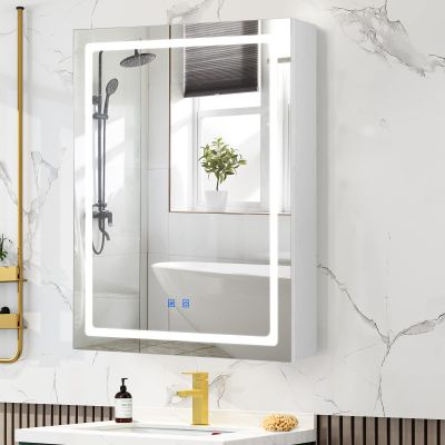 VOWNER Anti-Fog Lighted Bathroom Medicine Mirror Cabinet, Medicine Cabinet with Mirror and Lights, Dimmable, Adjustable Shelves, Memory 3-Color Mode(Engineered Wood, 24"32")
