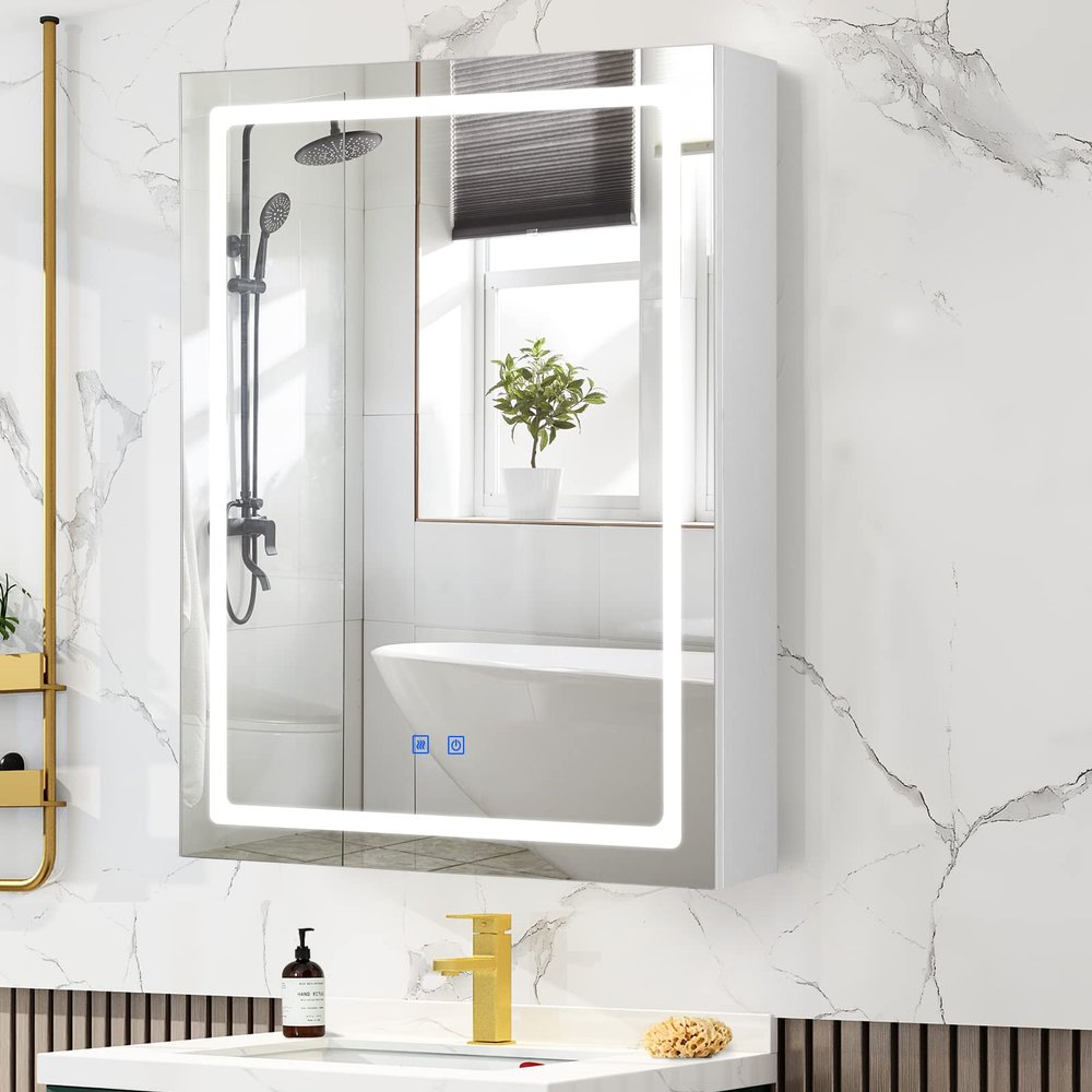VOWNER Anti-Fog Lighted Bathroom Medicine Mirror Cabinet, Medicine Cabinet with Mirror and Lights, Dimmable, Adjustable Shelves, Memory 3-Color Mode(Engineered Wood, 24"32")