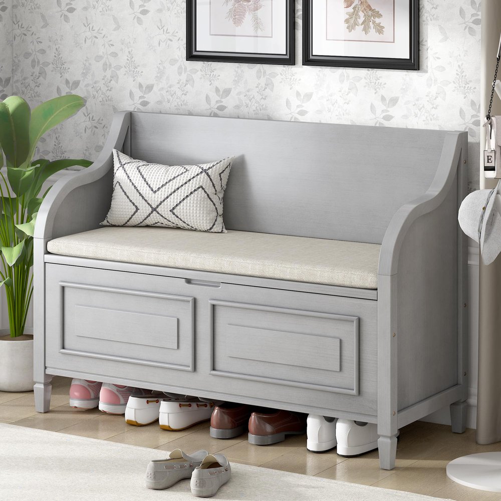 LUMISOL Storage Ottoman, Solid Wood Storage Bench with Lift Top and Drawers Entryway Bench with Safety Hinge and Seating Cushion (Gray wash)