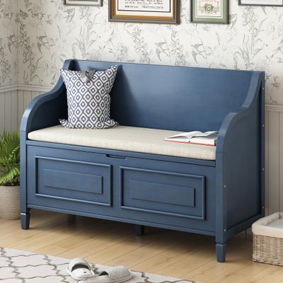 LUMISOL Upholstered Storage Ottoman, Solid Wood Storage Bench with Lift Top and Drawers Entryway Bench with Safety Hinge and Seating Cushion (Antique Navy)