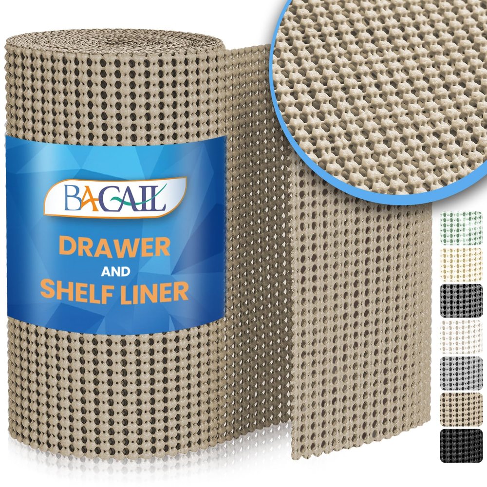 BAGAIL Drawer and Shelf Liner, 17.5 in X 20 Ft Non-Adhesive Shelf Liners for Kitchen Cabinets, Thick Strong Grip Liners for Desk, Shelves, Bathroom Drawers, Cabinet Protection - Beige