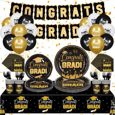 Rumia Graduation Party Plates Napkins Class of 2025 Black Gold Disposable Dinnerware Tableware Cup Tablecloth Congrats Grad Banner Balloons Decorations for Prom 2025 Party Serve 24