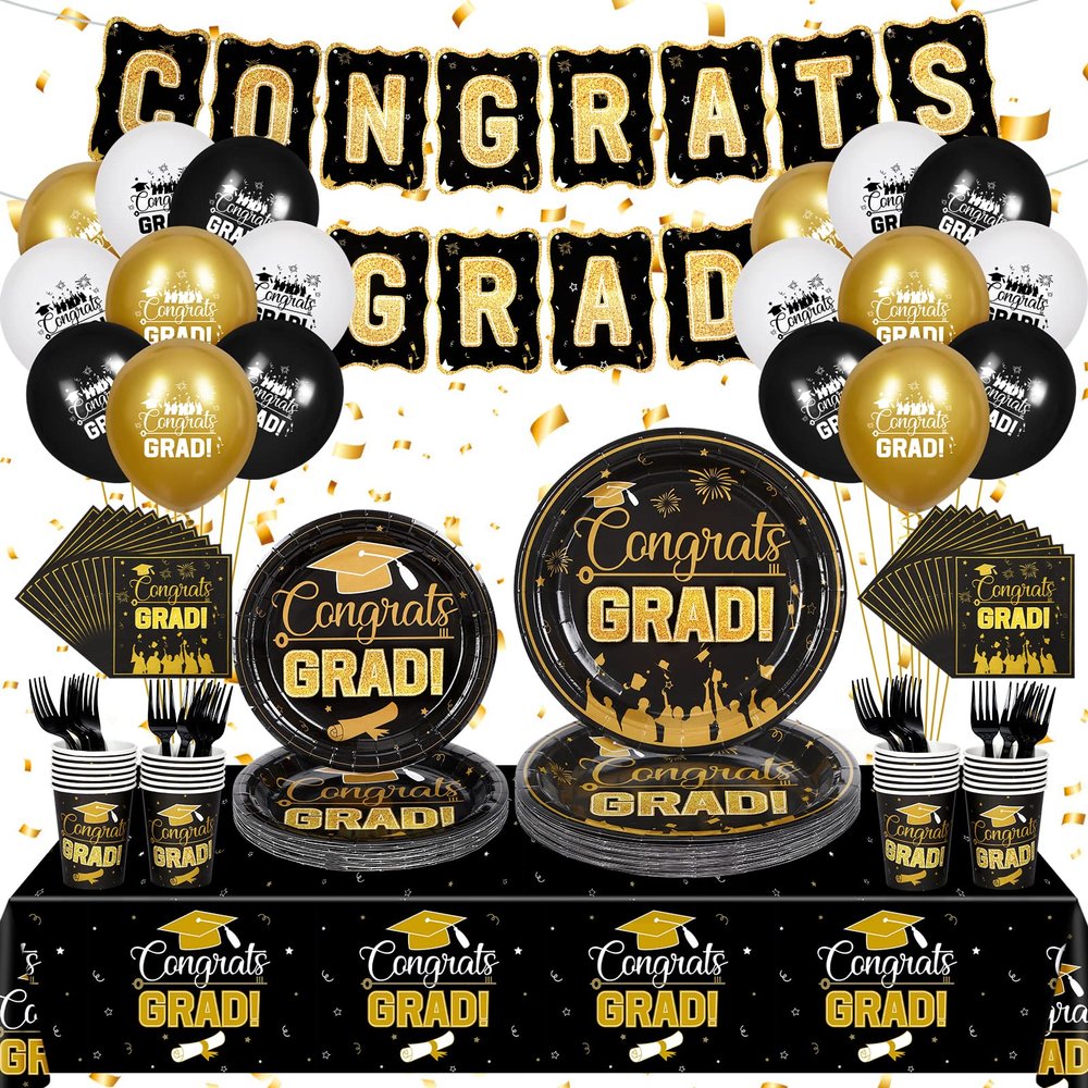 Rumia Graduation Party Plates Napkins Class of 2025 Black Gold Disposable Dinnerware Tableware Cup Tablecloth Congrats Grad Banner Balloons Decorations for Prom 2025 Party Serve 24