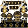 Rumia Graduation Party Plates Napkins Class of 2025 Black Gold Disposable Dinnerware Tableware Cup Tablecloth Congrats Grad Banner Balloons Decorations for Prom 2025 Party Serve 24 view 1