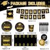 Rumia Graduation Party Plates Napkins Class of 2025 Black Gold Disposable Dinnerware Tableware Cup Tablecloth Congrats Grad Banner Balloons Decorations for Prom 2025 Party Serve 24 view 4