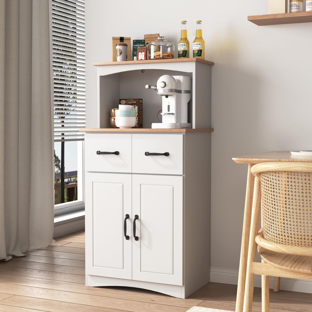 Aisurun Kitchen Pantry Storage Cabinet Bar Cabinet Cupboard with Storage Drawers and Adjustable Shelf, Microwave Cabinet with Open Space for Kitchen Dining Room Living Room, White