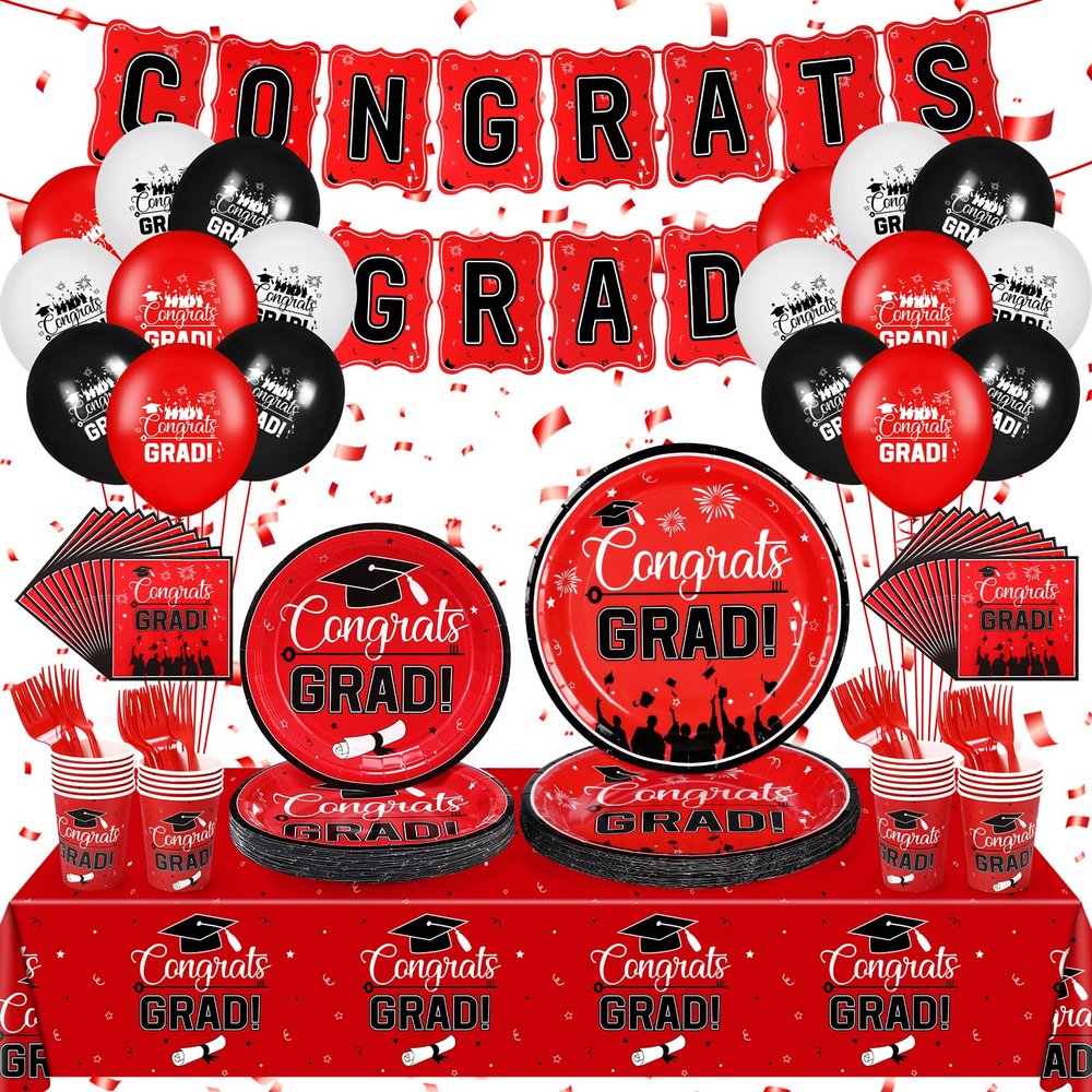 Red Graduation Party Supplies Graduation Party Decorations Serve 24 Disposable Dinnerware Tableware Napkins Cups Tablecloth Plates Banner Balloons for Congrats Class of 2025 College High School Party