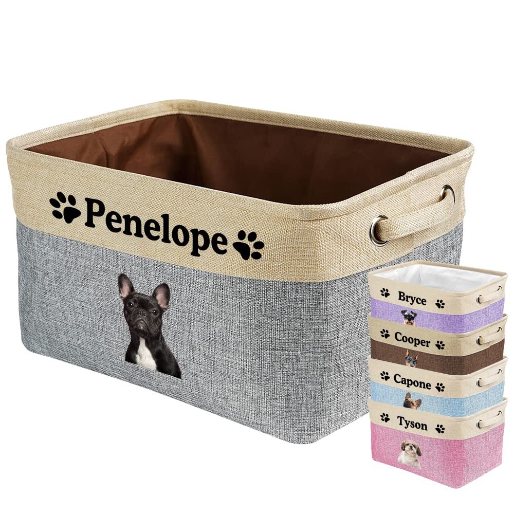 MALIHONG Custom Dog Basket for Toys Collapsible Storage Bin Grey Brow Pink Purple Blue Rectangular Pet Storage Organizer Box with Handles Medium Customized Name & Real Dog Breed