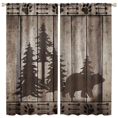 Bear Kitchen Window Curtains, Rustic Cabin Pine Forest Wild Animal Black Bear Blackout Drapes,Retro Wooden Board National Style Arrow Bear Claw Print Suitable for Farmhouse Living Room 84x84in