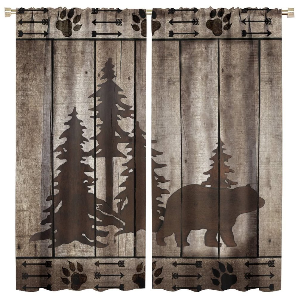 Bear Kitchen Window Curtains, Rustic Cabin Pine Forest Wild Animal Black Bear Blackout Drapes,Retro Wooden Board National Style Arrow Bear Claw Print Suitable for Farmhouse Living Room 84x84in