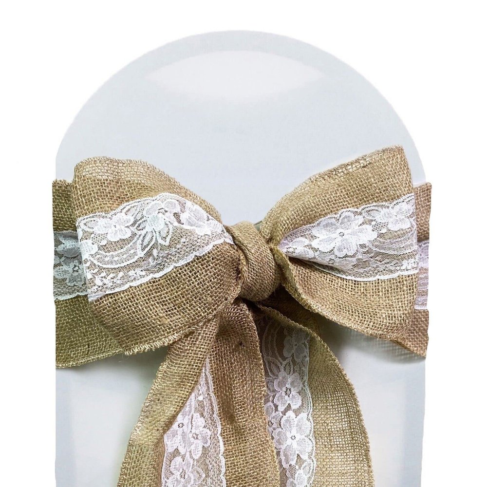 10 Pack Burlap Sashes for Weddings, Parties and Special Events (Burlap with White Lace)