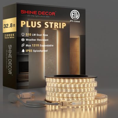 Shine Decor Plus LED Strip Lights AC 120V, Connectable Double Row Bright Rope Light, ETL IP65 Waterproof & Weather-Resistant for Accent Lighting, 7x17mm, 2800K Warm White, 32FT