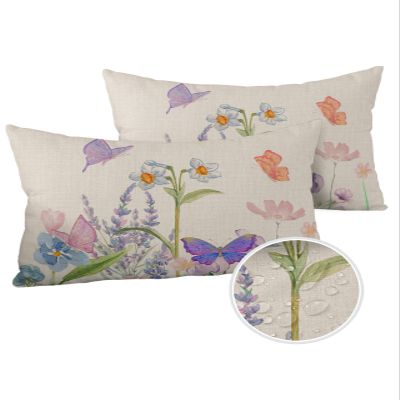 YOKOU Waterproof Throw Pillow Covers, Floral Print Butterfly Watercolor Flower Spring Summer Farm Decorative Pillowcase Soft Cushion Case for Patio Couch Tent Balcony, Set of 2 Rectangle, 20"X12"