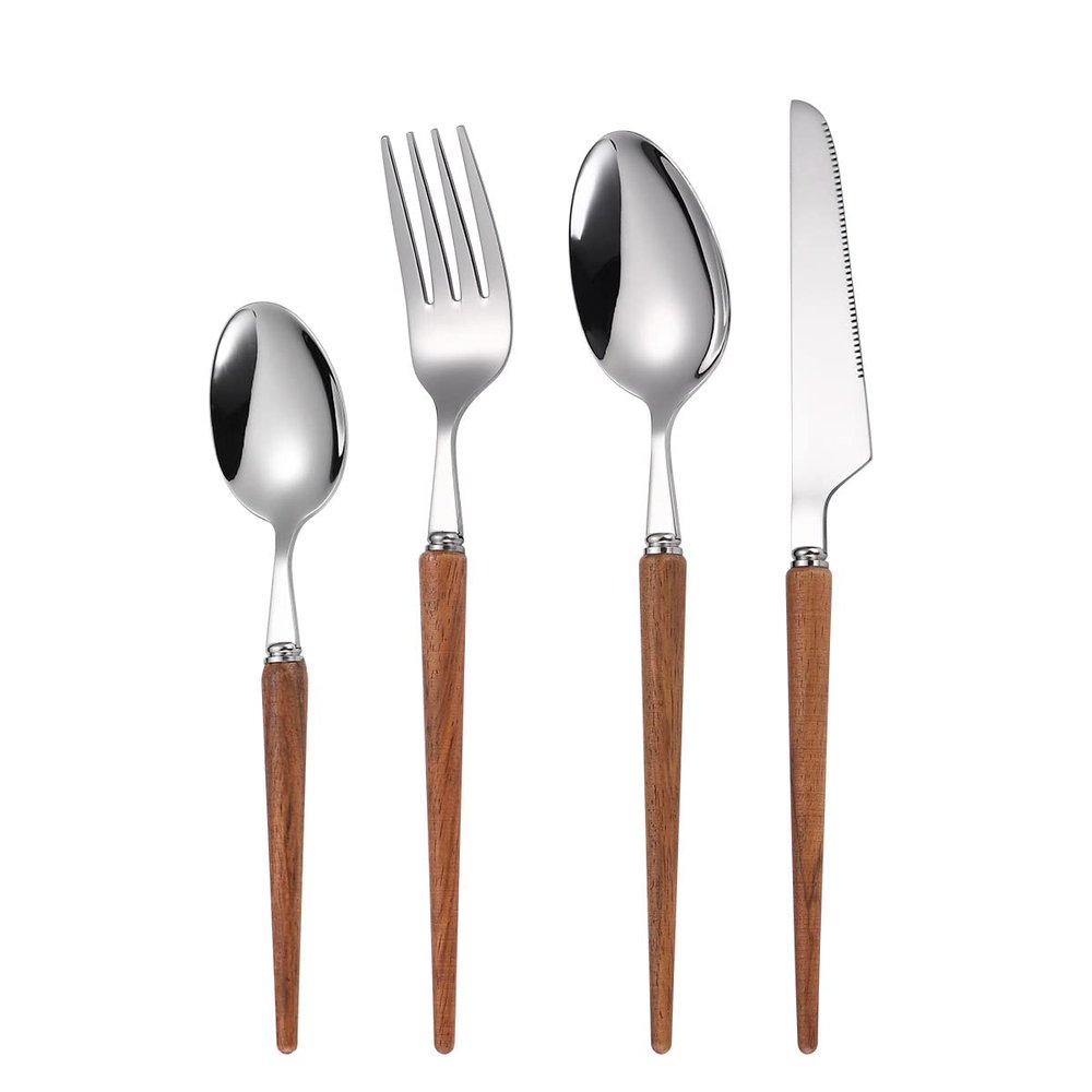 16-piece Set of Wooden Handle Kitchen Silverware Tableware Main Stainless Steel Knife and Fork Spoon Commercial Steak Coffee Western Tableware (Sharp/black)