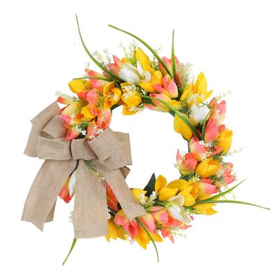 13.7" Spring Wreath, Blooming Floral Wreath with Tulip, Daisy and Green Leaves Outdoor, Farmhouse Spring Summer Wreaths for Front Door OutsideSpring Decoration
