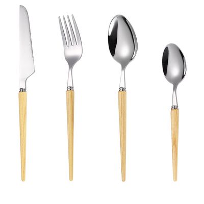 16-piece Set of Wooden Handle Kitchen Silverware Tableware Main Stainless Steel Knife and Fork Spoon Commercial Steak Coffee Western Tableware (Sharp/white)