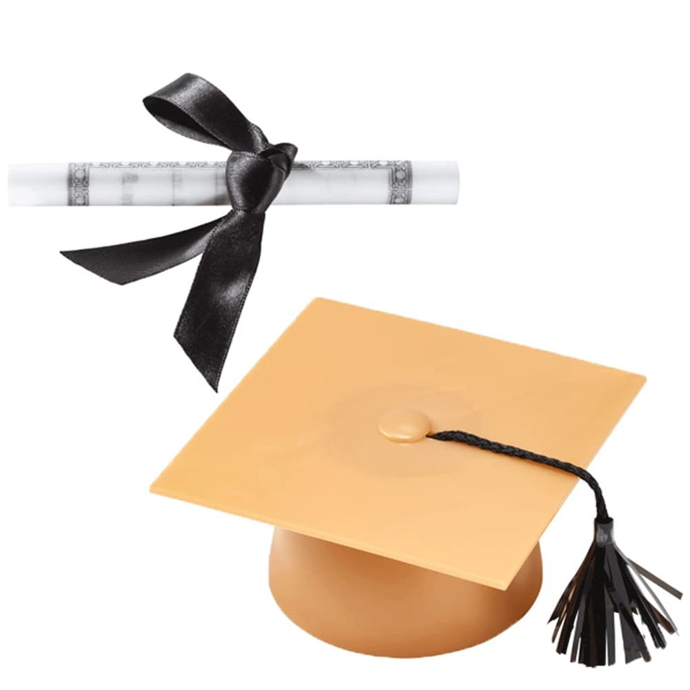 Plastic Graduation Cap Cake Topper with Large Paper Diploma Cake Topper (Gold)