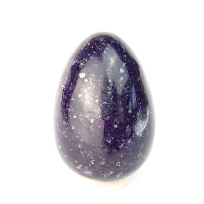 Purple Lepidolite Crystal Egg by Shelf & Stone. Crystal Egg for Happiness, Stability. Decorative Gemstone Egg w Stand. Absorbs EMR with its Lithium-Rich Elements. 2.3"H x 1.8"D 166g (Lepidolite)