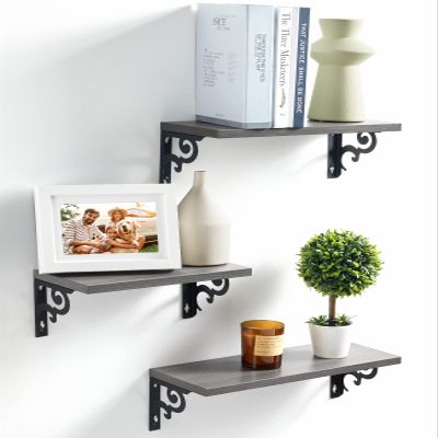 AMADA HOMEFURNISHING Floating Shelves, Wall Shelves for Bedroom, Living Room, Bathroom, Kitchen, Wall Shelf for Wall Decor, Storage Shelves Set of 3, Grey