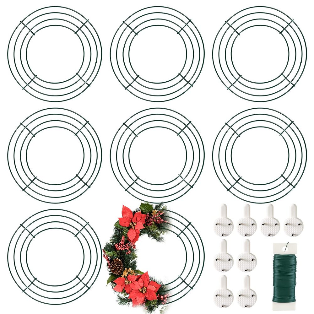 8 Pack Wire Wreath Frame 10 Inch Metal Form Ring for Crafts DIY Front Door Christmas New Year Valentines Wedding Garden Home Party Decoration With 38 Yard Paddle Wire