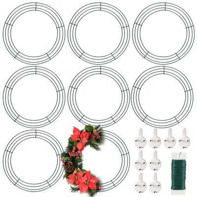 8 Pack Wire Wreath Frame 14 Inch Metal Wreath Form Ring for Crafts DIY Front Door Wreaths Christmas New Year Wreaths Valentines Wedding Garden Home Party Decoration with 38 Yard Paddle Wire