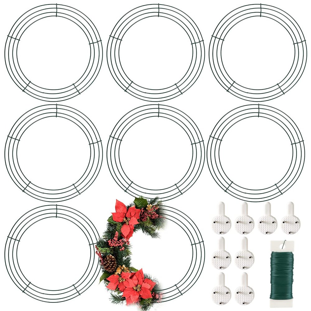 8 Pack Wire Wreath Frame 14 Inch Metal Wreath Form Ring for Crafts DIY Front Door Wreaths Christmas New Year Wreaths Valentines Wedding Garden Home Party Decoration with 38 Yard Paddle Wire