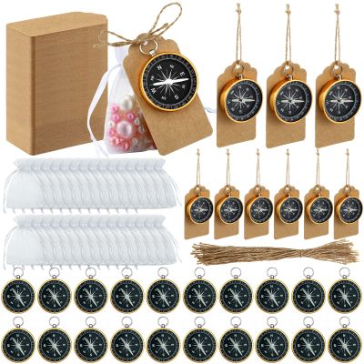 Weewooday 300 Pcs Compass Wedding Favors Bulk for Guests Mini Compass Souvenir Gifts Present Nautical with Kraft Tag and White Drawstring Organza Bag for Guests Wedding Travel Themed Party Birthday