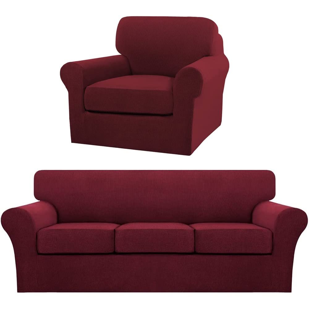 4 Pieces Sofa Covers for 3 Individual Cushion Couch Sofa Slipcover Bundle 2 Pieces Chair Slipcover, Burgundy