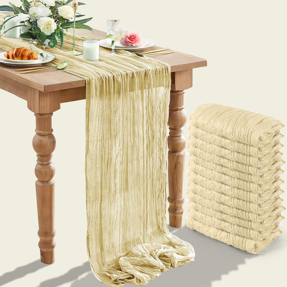 12 Packs Cheesecloth Table Runner,TISEMENT 35''x 120'' Wrinkled Gauze Cheese Cloth Table Runner Boho ,Romantic Centerpieces for Tables ,Versatile Tablecloth for Wedding/ Party Decorations (Beige)