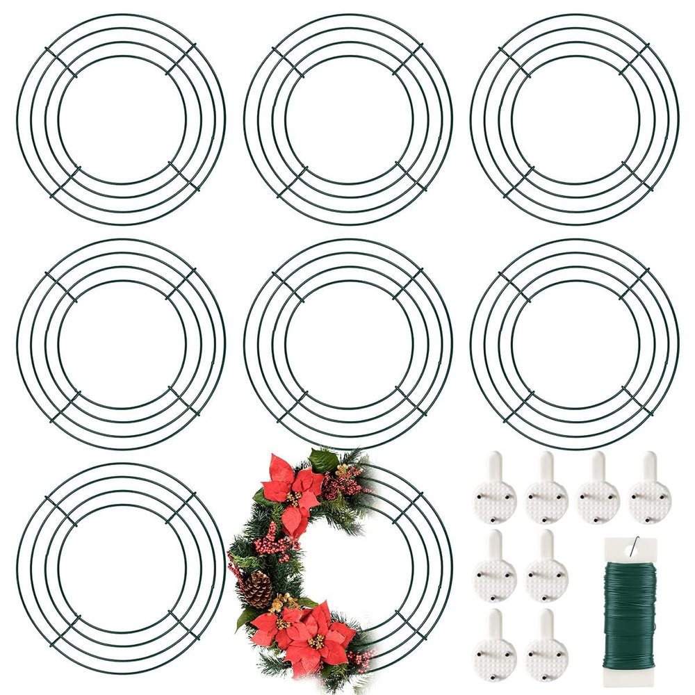 8 Pack Wire Wreath Frame 8 Inch Metal Wreath Form Ring for Crafts DIY Front Door Wreaths Christmas Valentines Wedding Home Party Decoration with 38 Yard Paddle Wire UltraOutlet Artificial Garlands