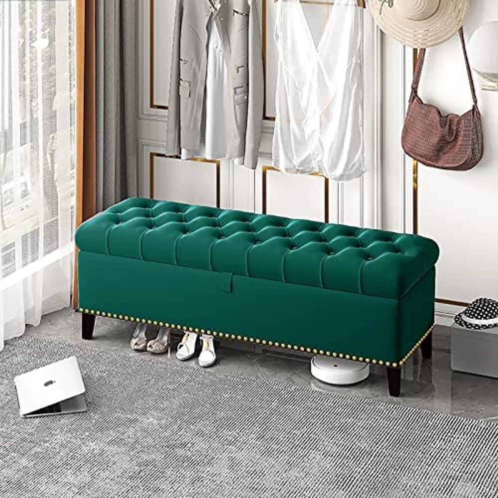 Velvet Storage Bench, Deluxe Storage Footstool, End of Bed Bench, Bench with Buttons,Green,80X40X45Cm(31X16X18Inch)
