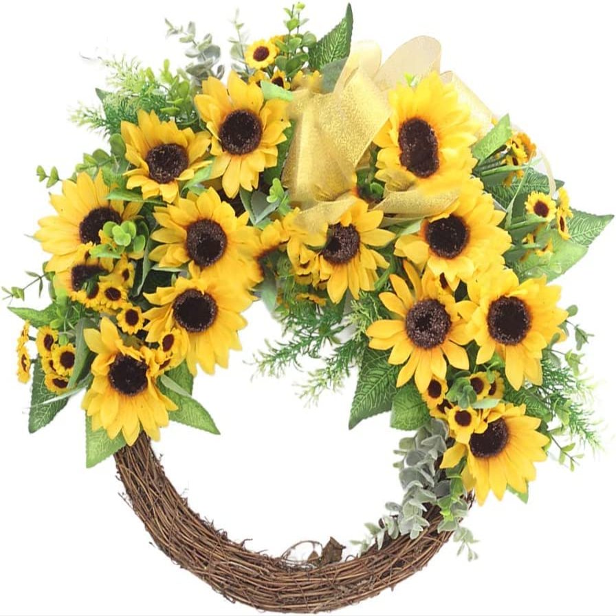 Artificial Sunflower Wreath Simulation Sunflower Hanging Garland Rattan Hoop Wreath for Spring Summer Wedding Decorations 20inch