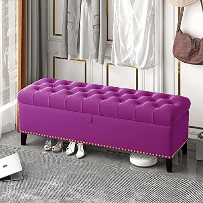Velvet Storage Bench, Deluxe Storage Footstool, End of Bed Bench, Bench with Buttons,Purple,120X40X45Cm(47X16X18Inch)