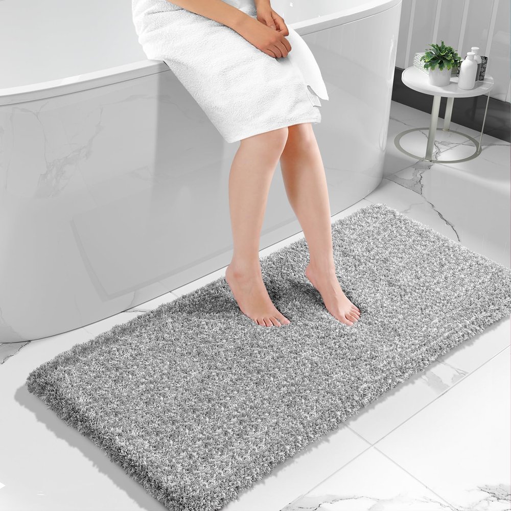 Yimobra Luxury Bathroom Rugs, Fluffy Bath Mats, Non Slip, Water Absorbent Microfiber, Machine Washable, Plush Runner Shower Rugs, Thick Matts for Bathroom Floor&Tub, 60"x 24", Light Gray and White