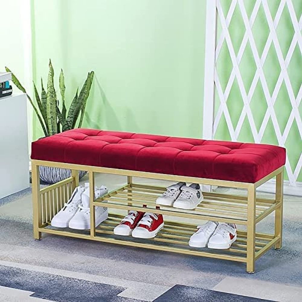 Luxury Entrance Bench Shoe Rack, Comfort Shoe Stool Velvet Upholstered Bench Seat, Living Room Furniture Shoe Storage Table,Red,60X35X45Cm(24X14X18Inch)