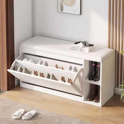 Shoe Bench with PU Cushion and Flip Drawer, MDF Shoe Storage Cabinet with Adjustable Shelves, Storage Bench Shoe Organizer for Entryway,Hallway, 100/80 * 24/30 * 45CM,B,2F100CM