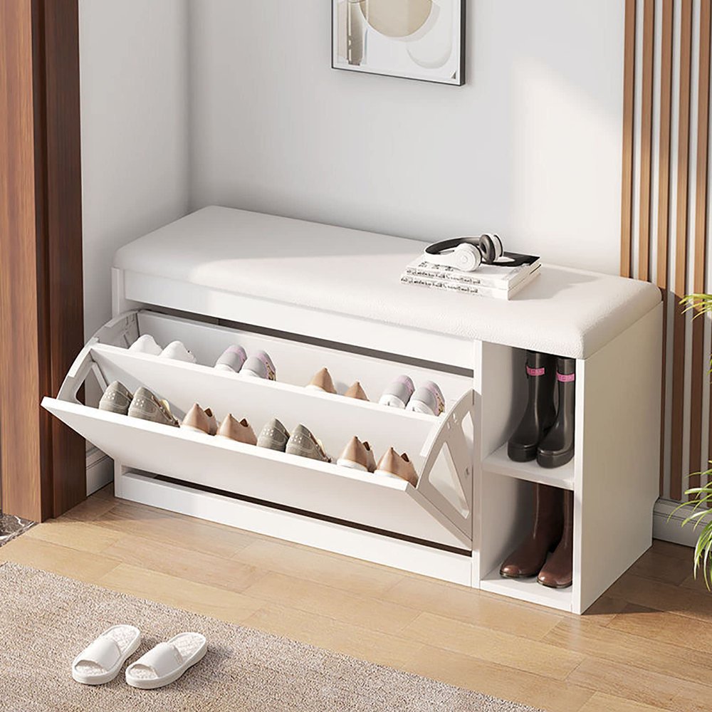Shoe Bench with PU Cushion and Flip Drawer, MDF Shoe Storage Cabinet with Adjustable Shelves, Storage Bench Shoe Organizer for Entryway,Hallway, 100/80 * 24/30 * 45CM,B,2F100CM