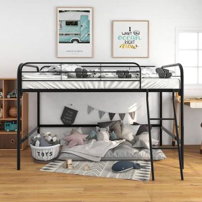 Anwickmak Twin Size Metal Loft Bed with Ladder and Safety Guardrails, Low Loft Bed Twin Size for Kids,Boys,Girls,Toddlers,Teens,Under-Bed Storage Space (Black)