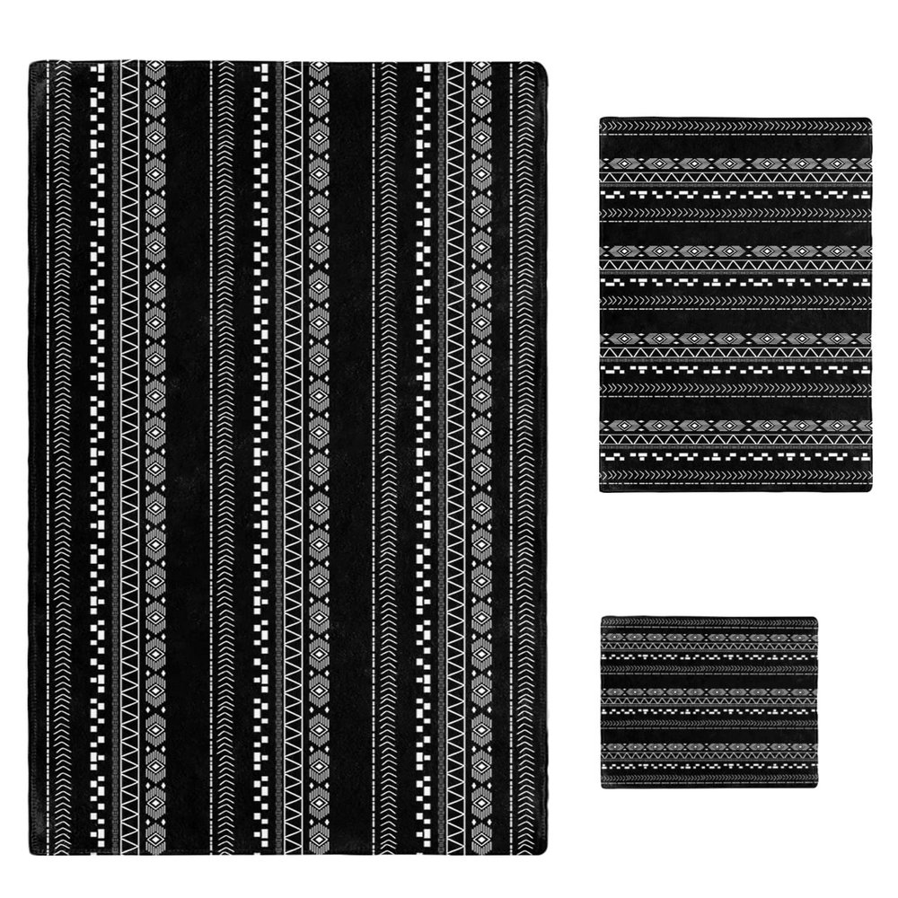 3 Piece Bath Towel Set, Black and White Ethnic Geometric Luxury Towels Set for Bathroom Soft Bath Shower Towels Absorbent Bathroom Towels(1Bath Towel 1Hand Towel 1Washcloth) Hand-paint Lines Texture