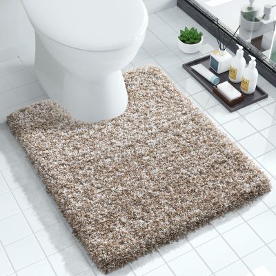Yimobra Toilet Rugs U Shaped Washable 24x20, Ultra Soft and Water Absorbent Bath Mats, Non Slip Fluffy Shaggy Luxury Microfiber Contour Bath Rugs for Toilet, Dry Quick, Light Brown and White