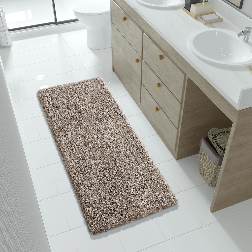 Yimobra Luxury Bathroom Rugs, Fluffy Bath Mats, Non Slip, Water Absorbent Microfiber, Machine Washable, Plush Runner Shower Rugs, Thick Matts for Bathroom Floor&Tub, 56"x 24", Light Brown and White